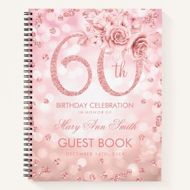 60th Birthday Guestbook Rose Gold Glam Lights  Notebook (Front)