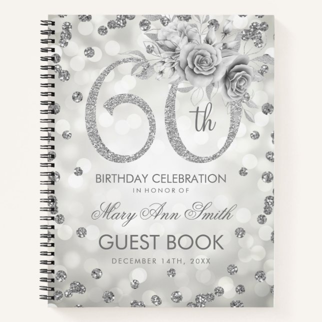 60th Birthday Guestbook Silver Glam Lights Notebook (Front)