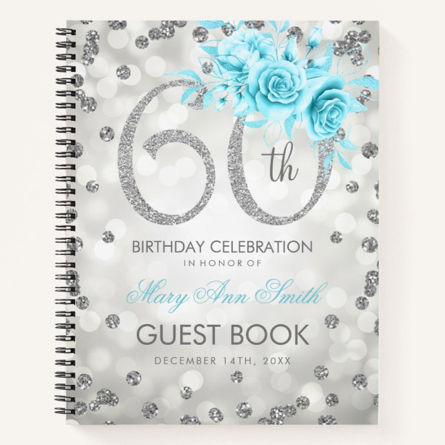 60th Birthday Guestbook Silver Glam Lights Teal  Notebook (Front)