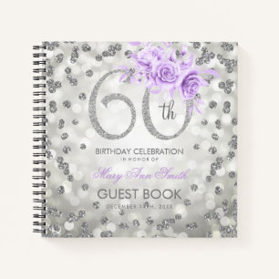 60th Birthday Guestbook Silver Purple Lights  Notebook