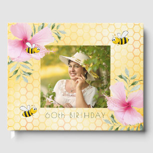 60th birthday honeycomb pink florals bees guest book