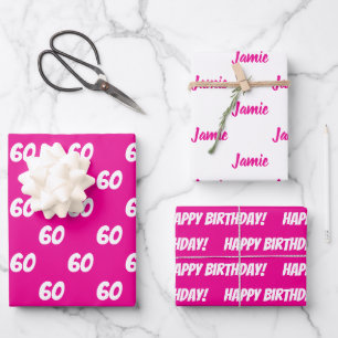 60th Birthday HOT PINK Add Name Wrapping Paper
