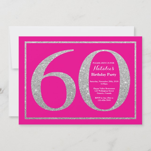 60th Birthday Hot Pink and Silver Glitter Invitation (Front)