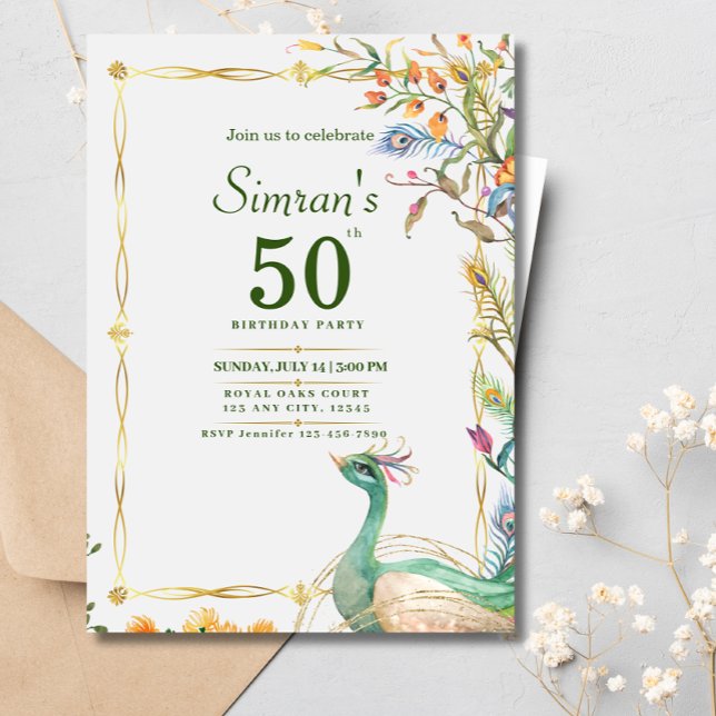 60th Birthday Indian Ethnic Green Gold Peacock Invitation (Creator Uploaded)