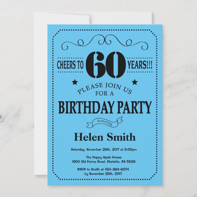 60th Birthday Invitation Black and Blue (Front)