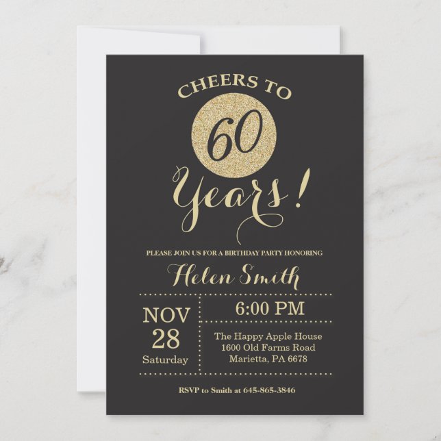 60th Birthday Invitation Black and Gold Glitter (Front)