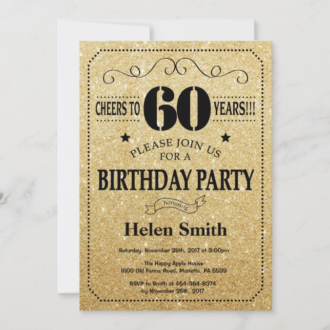 60th Birthday Invitation Black and Gold Glitter (Front)
