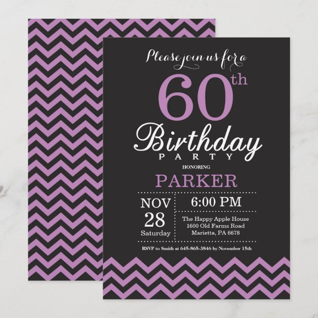 60th Birthday Invitation Black and Purple (Front/Back)