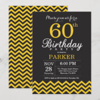 60th Birthday Invitation Black and Yellow Chevron