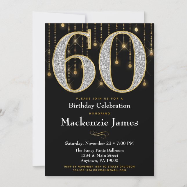 60th Birthday Invitation Black Gold Diamonds Adult (Front)