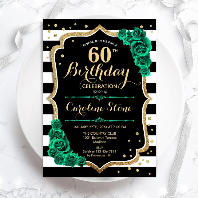 60th Birthday Invitation Black White Stripes Roses (Creator Uploaded)