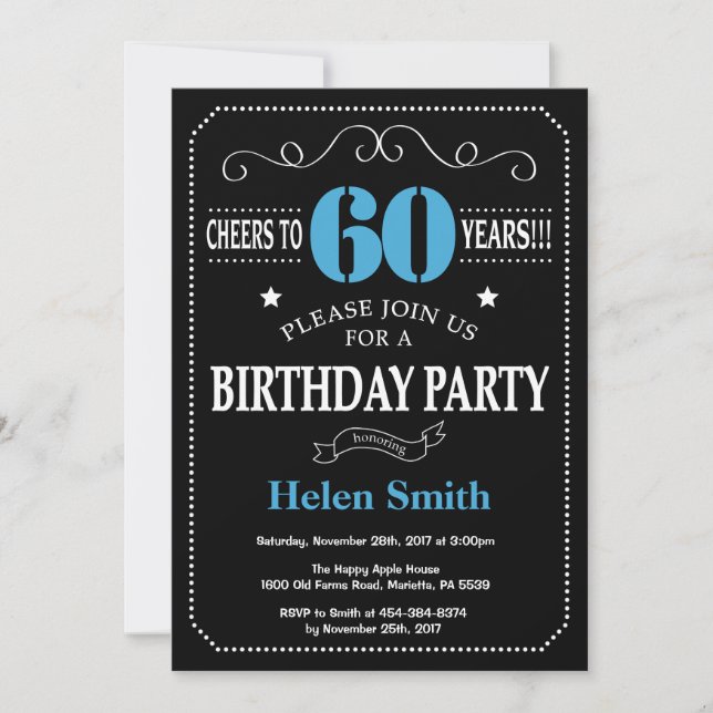 60th Birthday Invitation Blue and Black Chalkboard (Front)