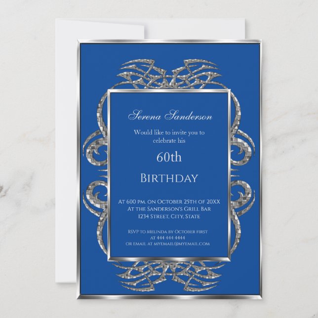 60th Birthday Invitation Blue Silver  (Front)