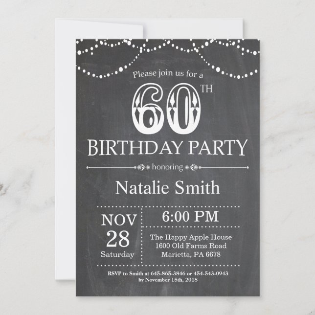 60th Birthday Invitation Chalkboard String Lights (Front)