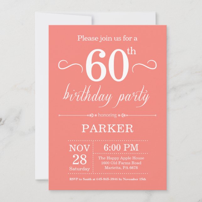 60th Birthday Invitation Coral (Front)