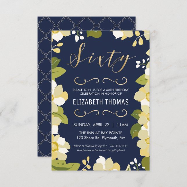 60th Birthday Invitation, Customize Floral, Small Invitation (Front/Back)