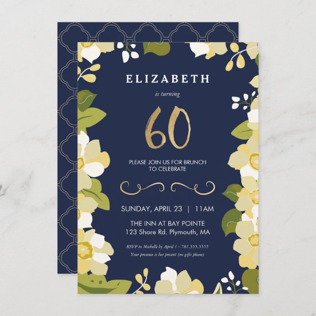 60th Birthday Invitation, Elegant Flowers w/ Gold Invitation (Front/Back)