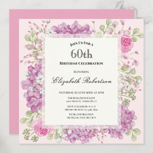 60th Birthday Invitation Elegant Pink Flowers