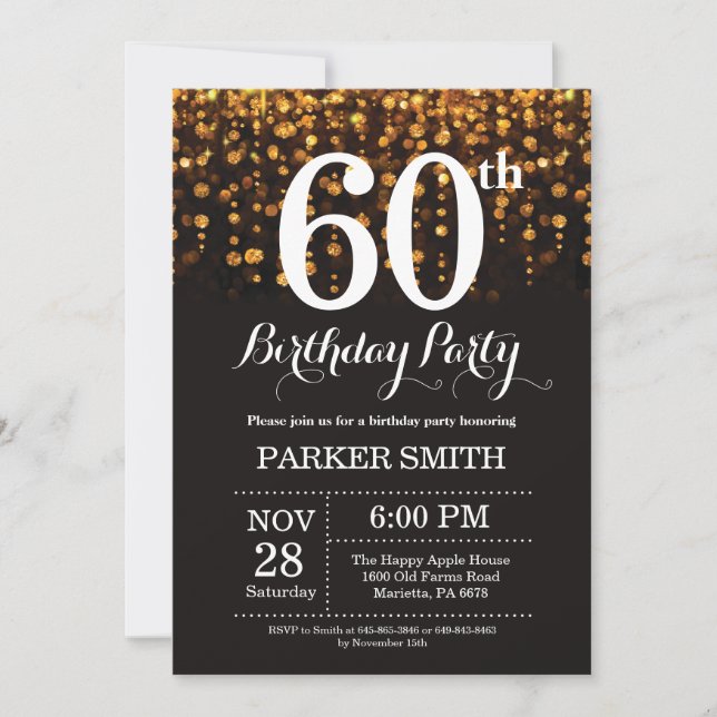 60th Birthday Invitation Gold Glitter (Front)