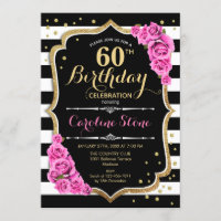 60th Birthday Invitation Pink Black White Stripes