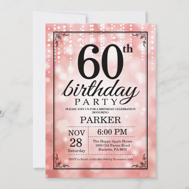 60th Birthday Invitation Pink Glitter (Front)