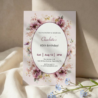 60th Birthday Invitation Purple Floral Watercolor
