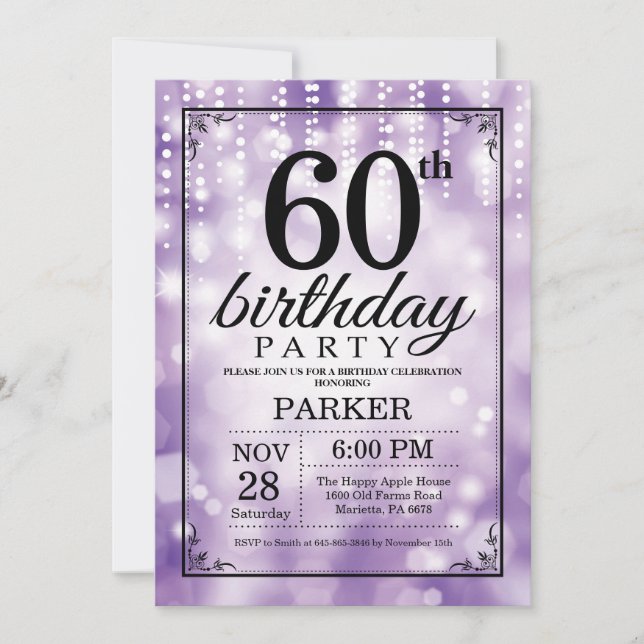 60th Birthday Invitation Purple Glitter (Front)