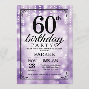 60th Birthday Invitation Purple Glitter