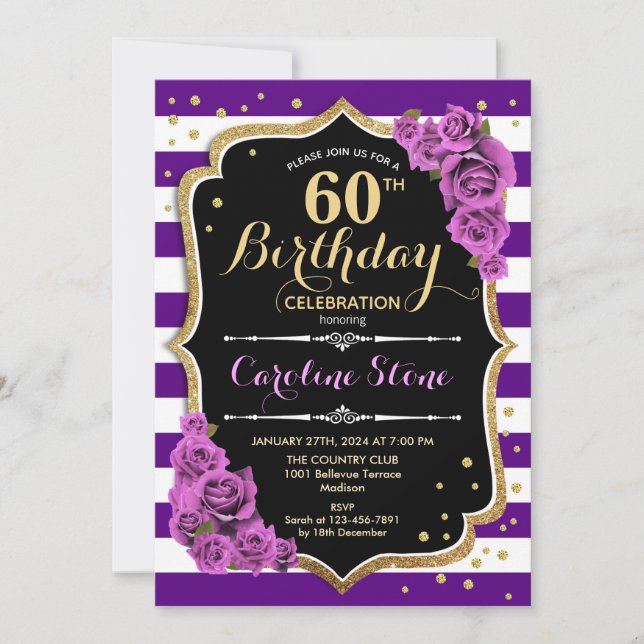 60th Birthday Invitation Purple Gold With Roses (Front)