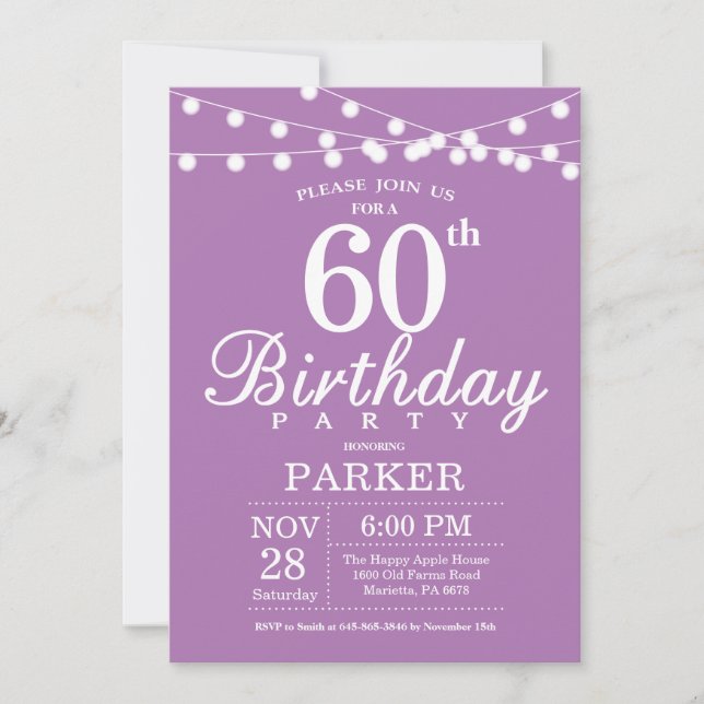 60th Birthday Invitation Purple Lavender (Front)