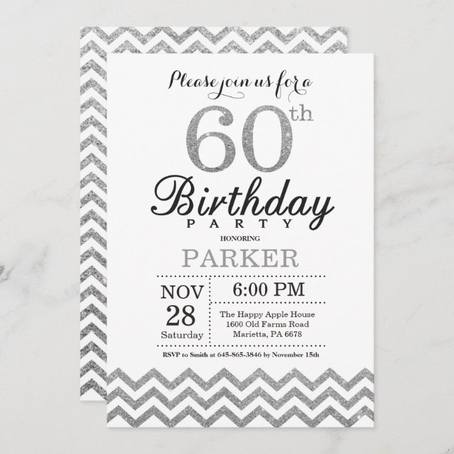 60th Birthday Invitation Silver Glitter (Front/Back)
