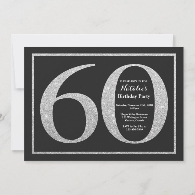 60th Birthday Invitation Silver Glitter Chalkboard (Front)