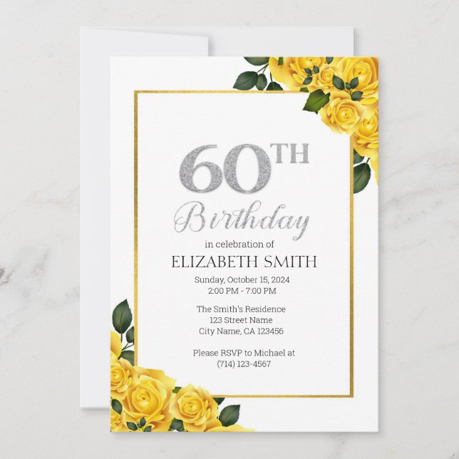 60th Birthday Invitation Template with Yellow Rose (Front)