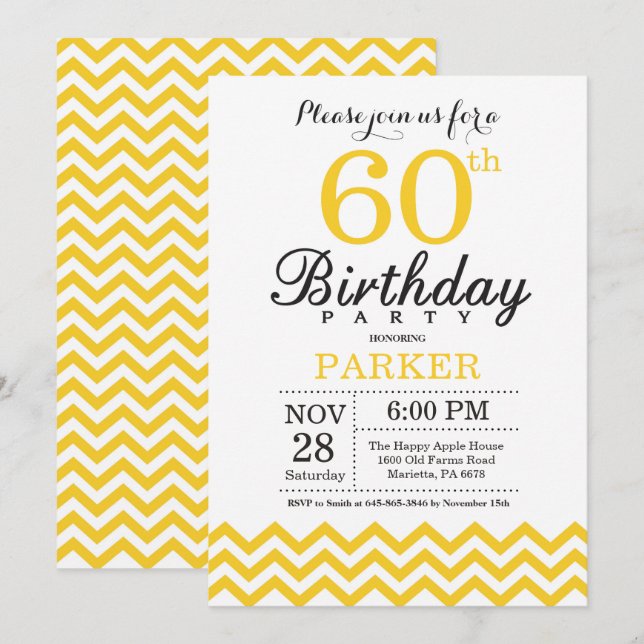 60th Birthday Invitation Yellow Chevron (Front/Back)