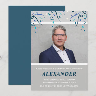 60th birthday invitations Men Confetti Photo Blue