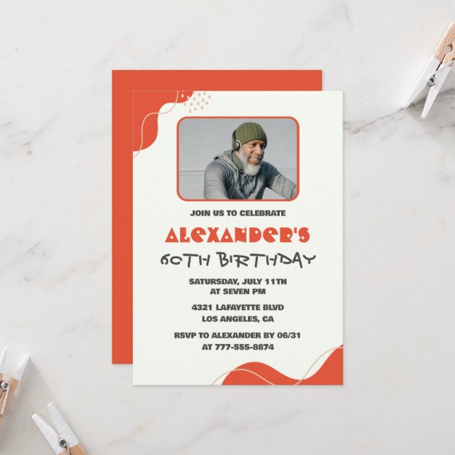 60th birthday invitations Men Red Simple Photo (Front/Back In Situ)