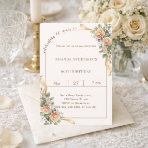 60th birthday ivory cream florals ribbon invitation