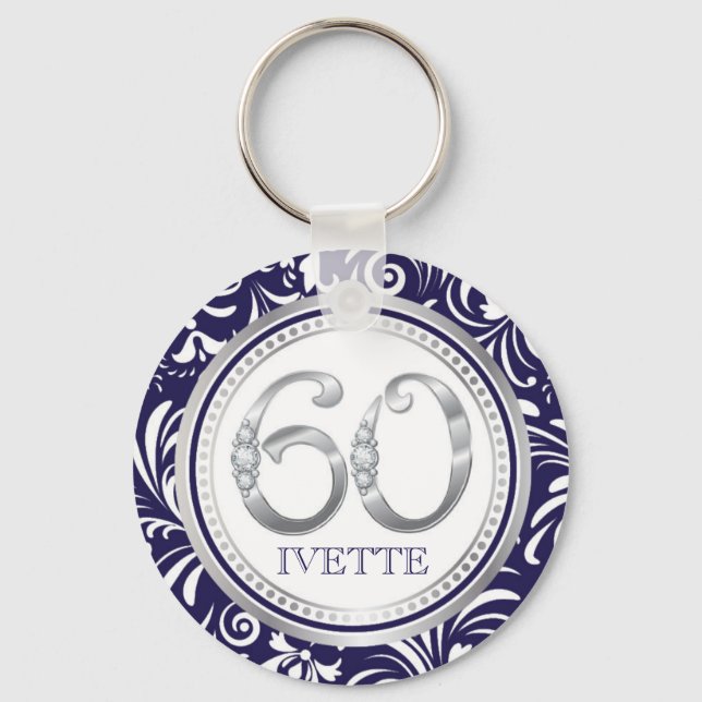 60th Birthday Key Chain-Navy Blue & Silver Keychain (Front)