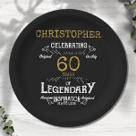 60th Birthday Legendary Black Gold Retro Paper Plate<br><div class="desc">For those celebrating their 60th birthday we have the ideal birthday party plates with a vintage feel. The black background with a white and gold vintage typography design design is simple and yet elegant with a retro feel. Easily customize the text of this birthday plate using the template provided. Part...</div>