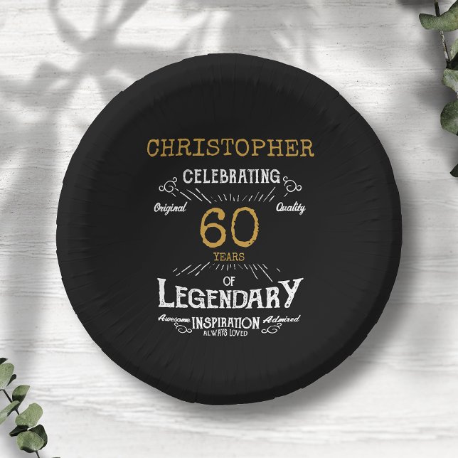 60th Birthday Legendary Black Gold Retro Paper Plate (For those celebrating their 60th birthday we have the ideal birthday party bowls)