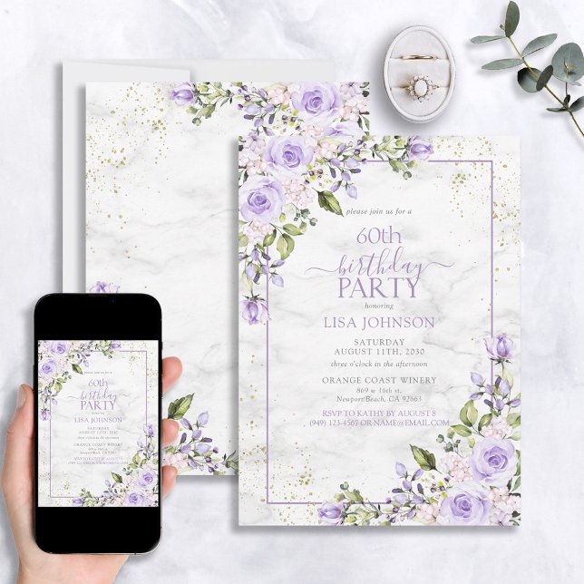 60th Birthday Lilac Lavender Watercolor Marble Invitation (Creator Uploaded)