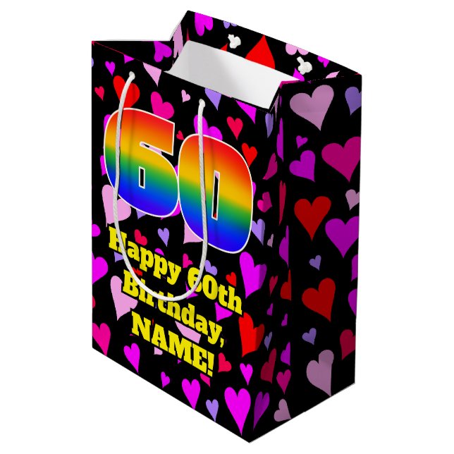 60th Birthday: Loving Hearts Pattern, Rainbow # 60 Medium Gift Bag (Back Angled)
