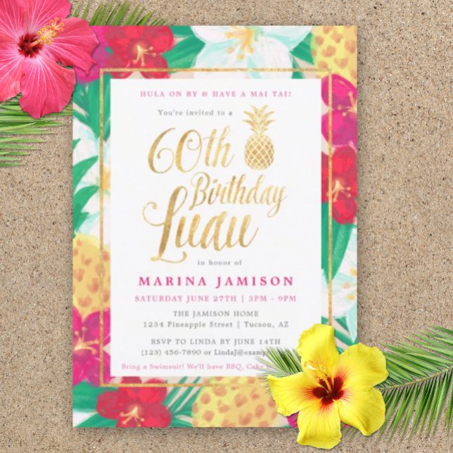 60th Birthday Luau Invitations | Pink & Gold (60th Birthday Luau Party Invitation)