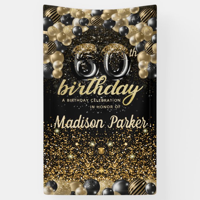 60th Birthday Luxury Personalized Black Gold  Banner (Vertical)