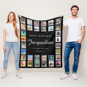 60th Birthday Modern Chic Photo Collage Black Fleece Blanket