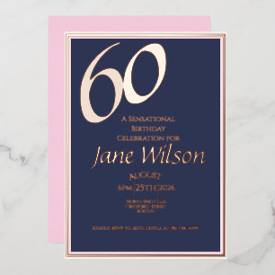60th Birthday Modern Elegant Pink Foil Navy