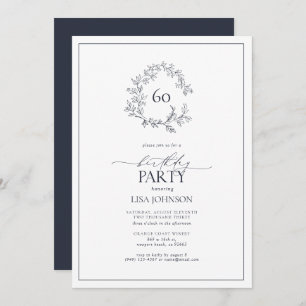 60th Birthday Modern Navy Blue Leafy Crest Invitation