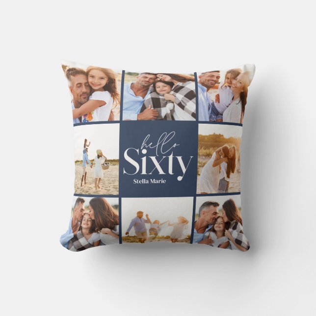 60th birthday modern navy photo collage simple throw pillow (Front)
