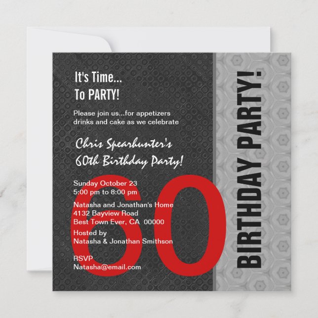 60th Birthday Modern Red Silver Black C946 Invitation (Front)