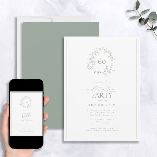 60th Birthday Modern Sage Green Leafy Crest Invitation (Creator Uploaded)